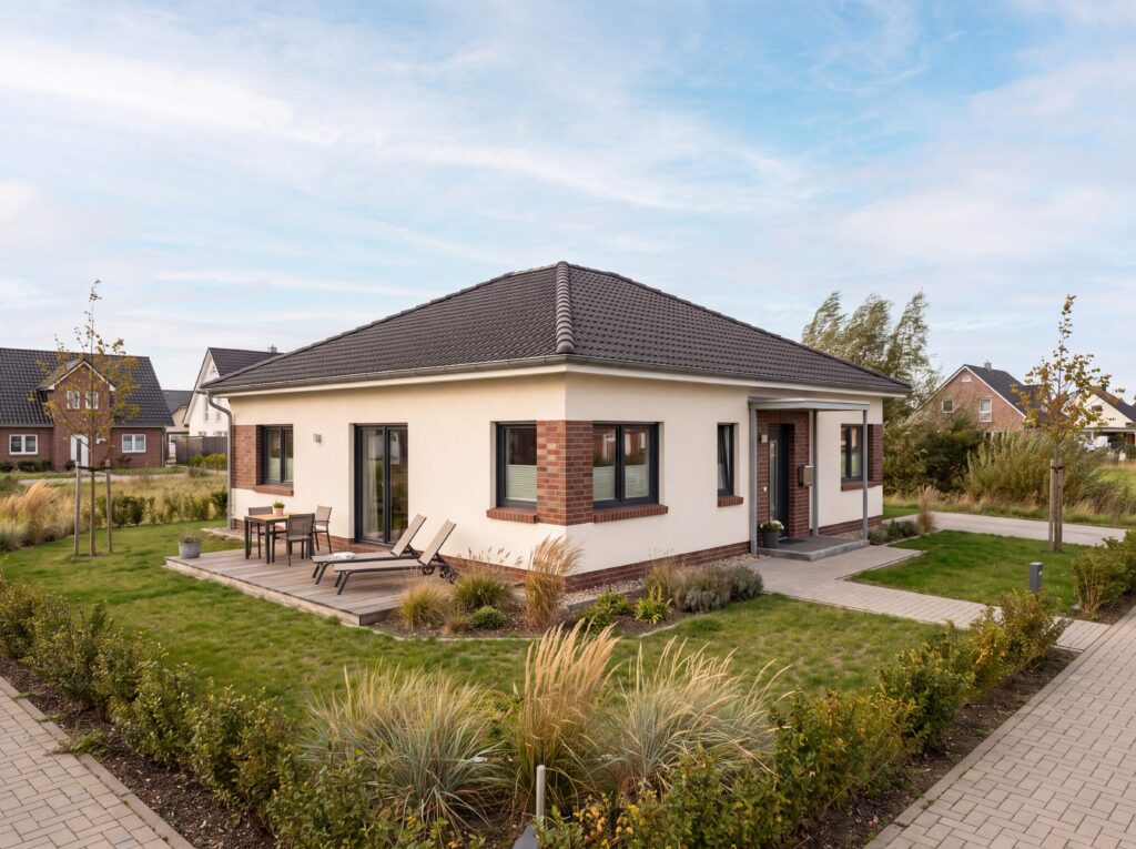 Moderner Bungalow mit heller Fassade, Klinkerelementen, Terrasse und Garten