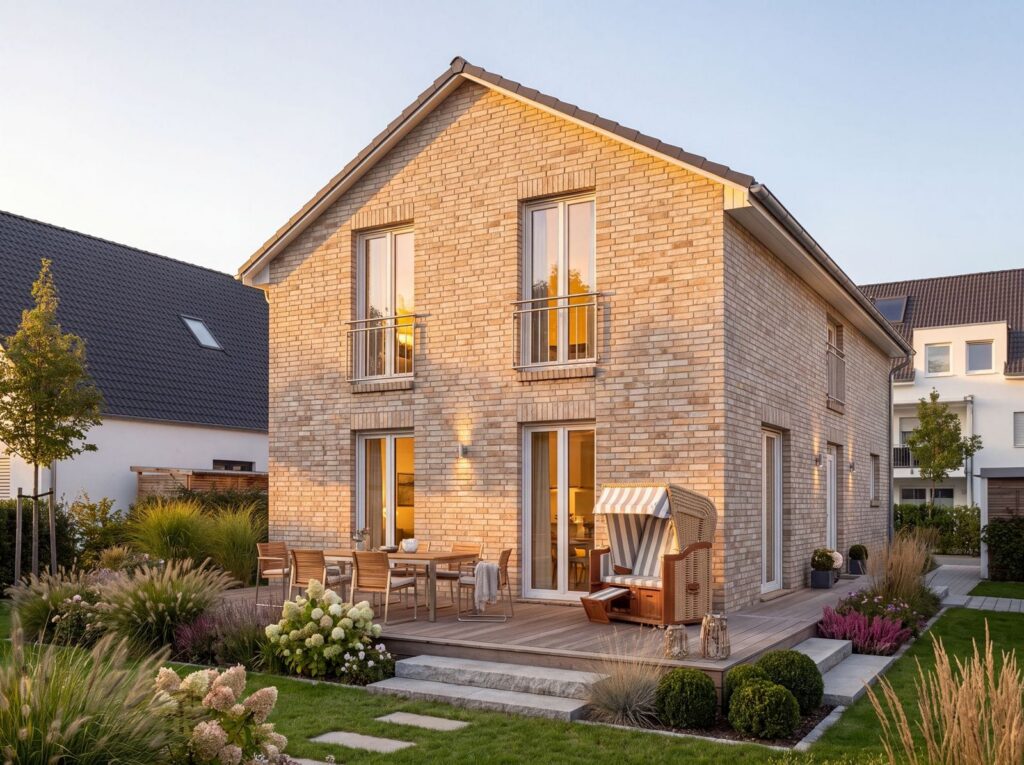 Modernes Ferienhaus mit heller Klinkerfassade, Satteldach und Terrasse im Garten