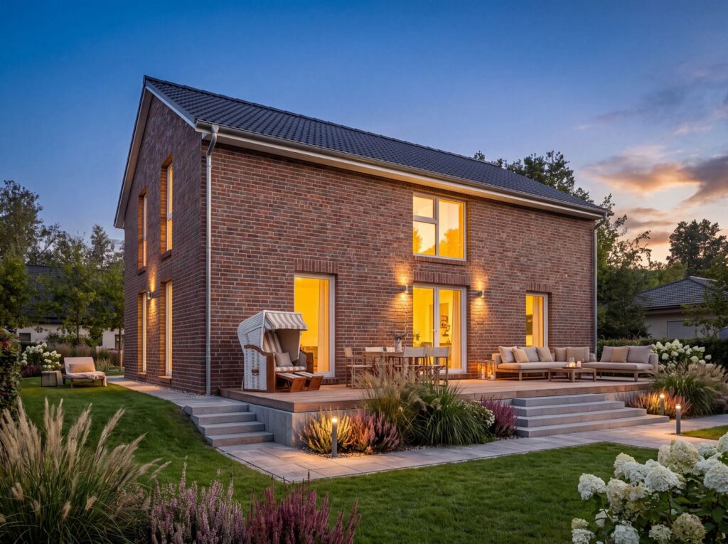 Zweigeschossiges Ferienhaus mit roter Klinkerfassade und beleuchteter Gartenterrasse am Abend