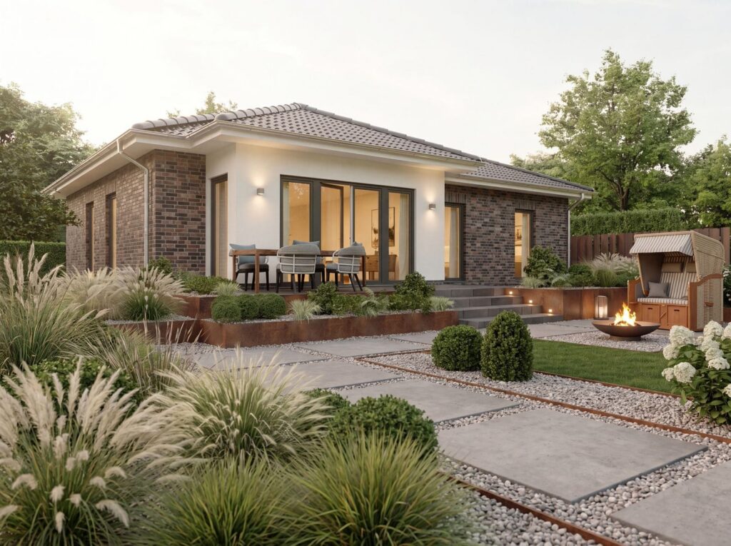 Moderner Ferienbungalow mit Walmdach, Klinkerelementen und erhöhter Gartenterrasse