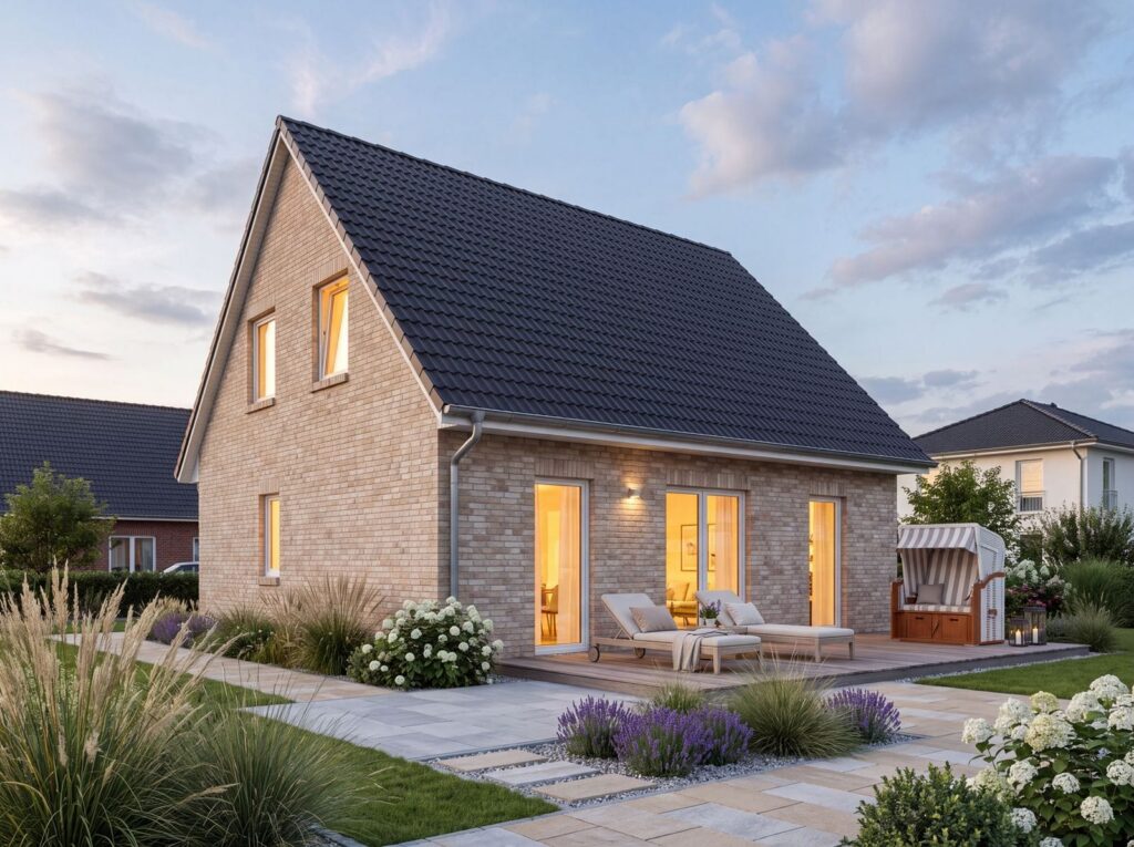 Ferienhaus mit heller Klinkerfassade, steilem Satteldach und Terrasse mit Strandkorb