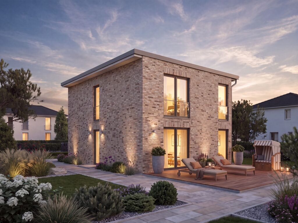 Modernes zweigeschossiges Ferienhaus mit Flachdach, heller Klinkerfassade und Gartenterrasse