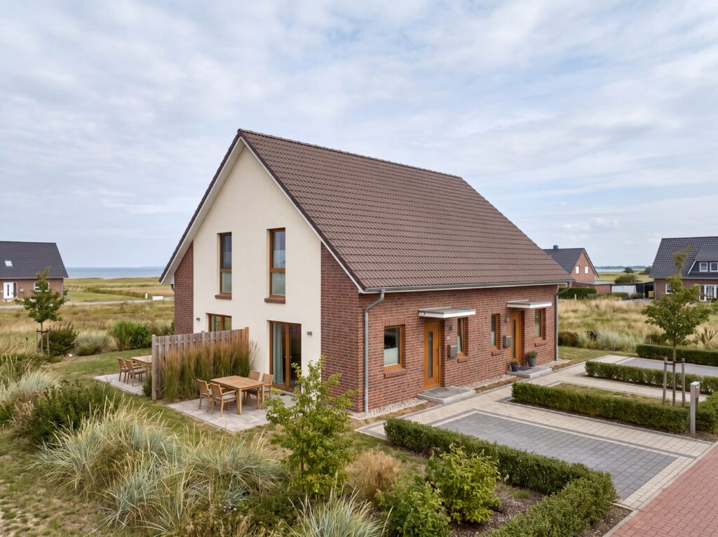 Großzügiges Familienferienhaus mit Klinkerfassade, zwei Eingängen und Terrassen nahe der Ostsee