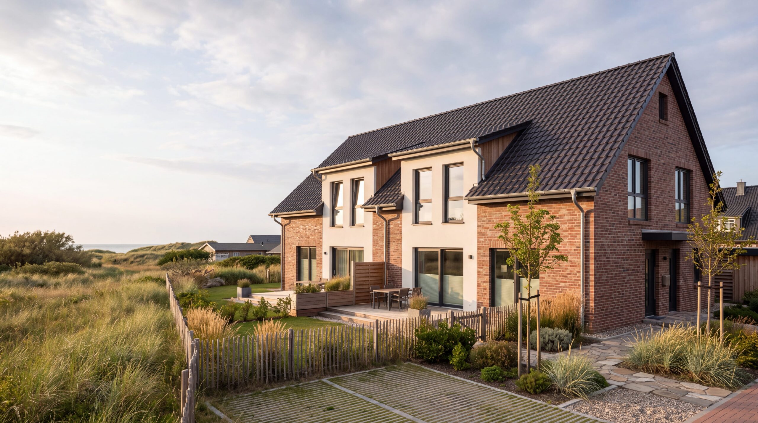Moderne Ferienhäuser mit Klinkerfassade, Terrassen und Dünenlandschaft an der Ostsee