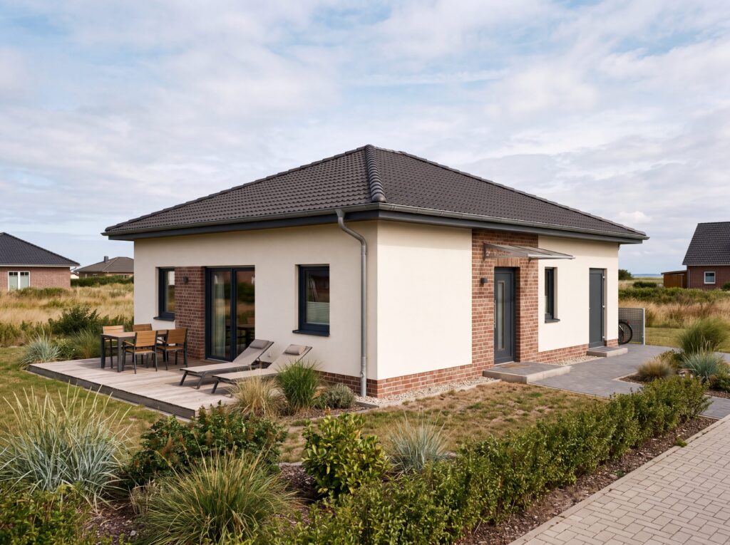 Kompakter Ferienbungalow mit Walmdach, Klinkerelementen und Gartenterrasse
