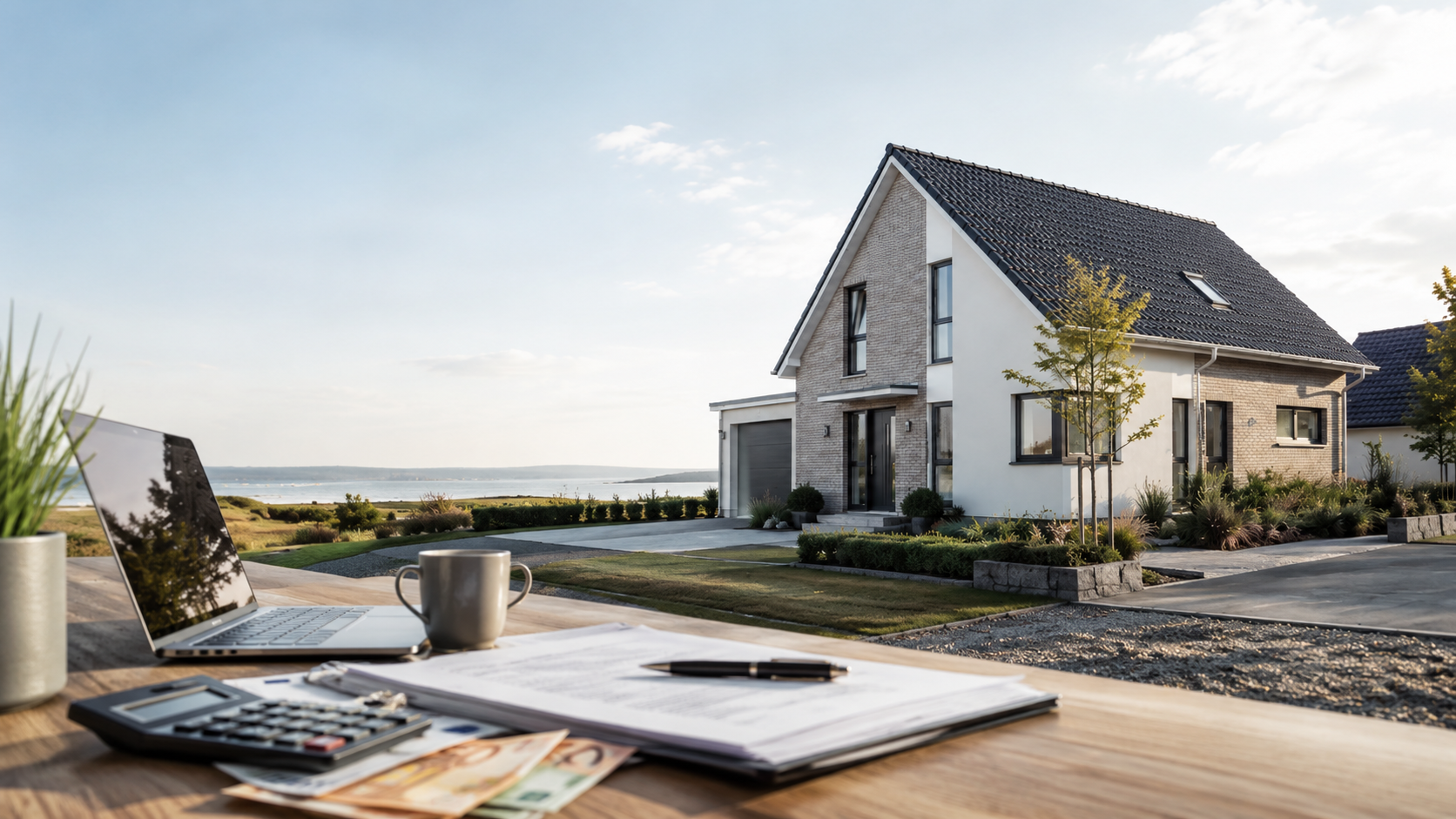 Moderner Neubau an der Ostsee mit Laptop, Unterlagen und Taschenrechner zur Kostenplanung einer Kapitalanlage