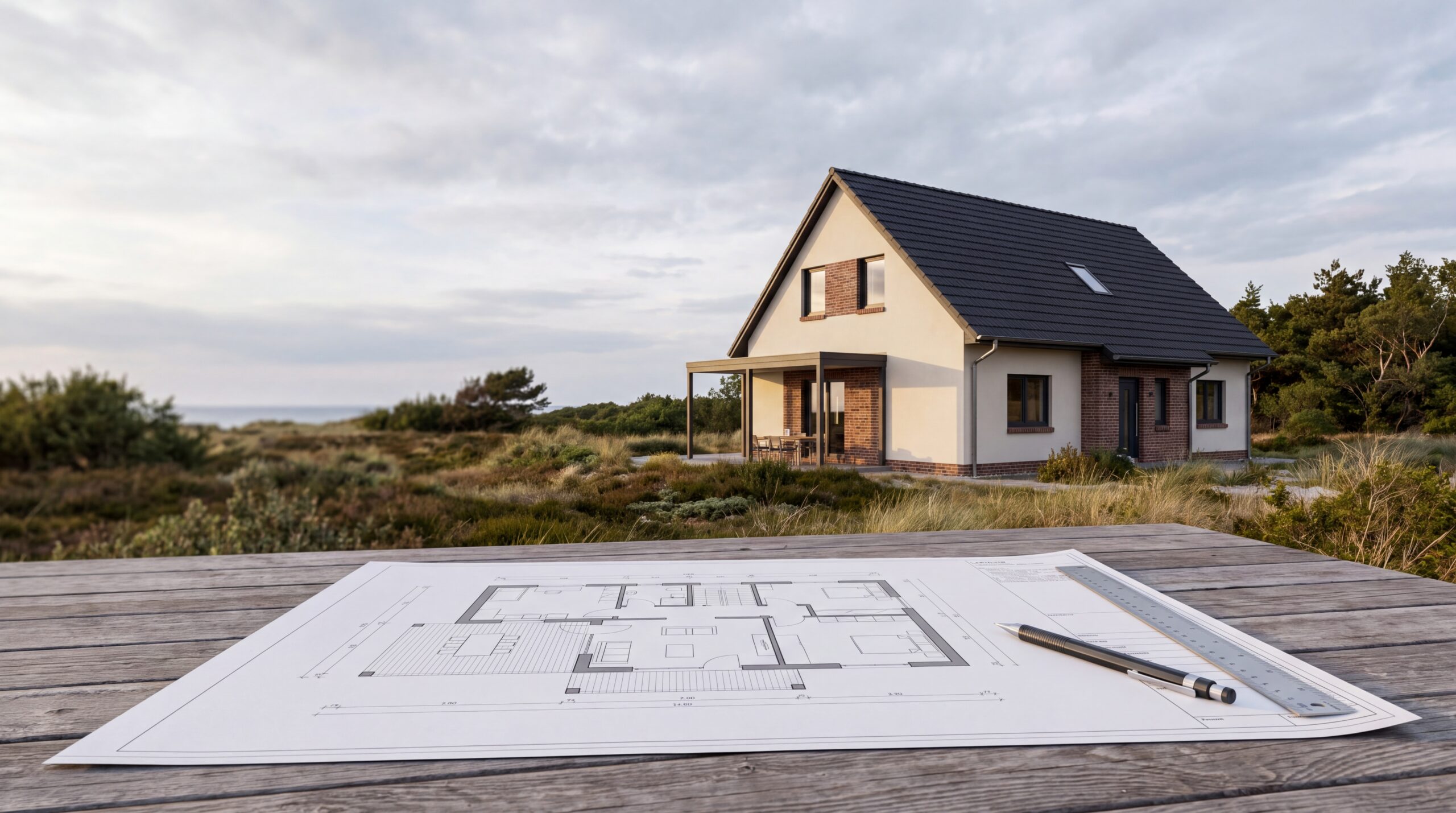 Ferienhaus in Küstenlage mit Bauplan im Vordergrund und Ostsee im Hintergrund